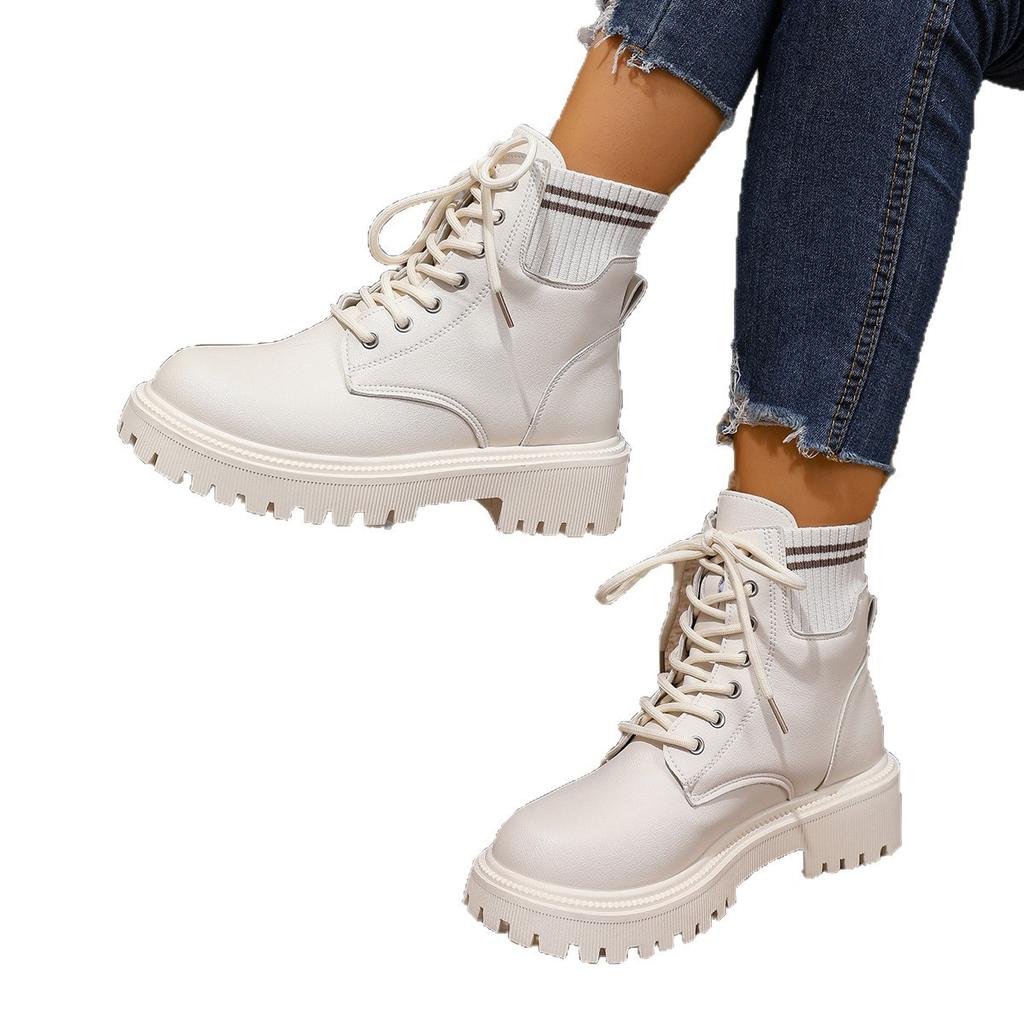 New Women'S Platform Ankle Boots White Pu Leather Thick Sole Combat Booties Woman Spring Autumn Non Slip Motorcycle Boots