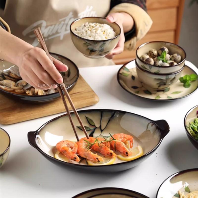 1Pc Vintage Bamboo Leaf Ceramic Bowl Salad Plate Exquisite Ceramic Cutlery Household Noodle Bowl Western Steak Cake Sushi Plate