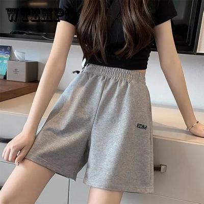 Damen-Shorts, Sommer-Sport-Shorts mit Buchstaben-Stickerei, lockere Oberbekleidung mit hoher Taille, gerade Röhre, dünne Hose, weites Bein, graue Fünf-Punkt-Hose