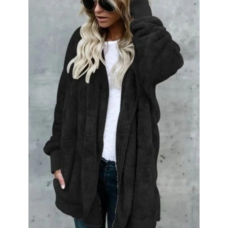 Double Fleece Cardigan Jacket for Women Autumn Winter Solid Color Long Sleeve Oversized Coat Plush Warm Hooded Ladies Coats