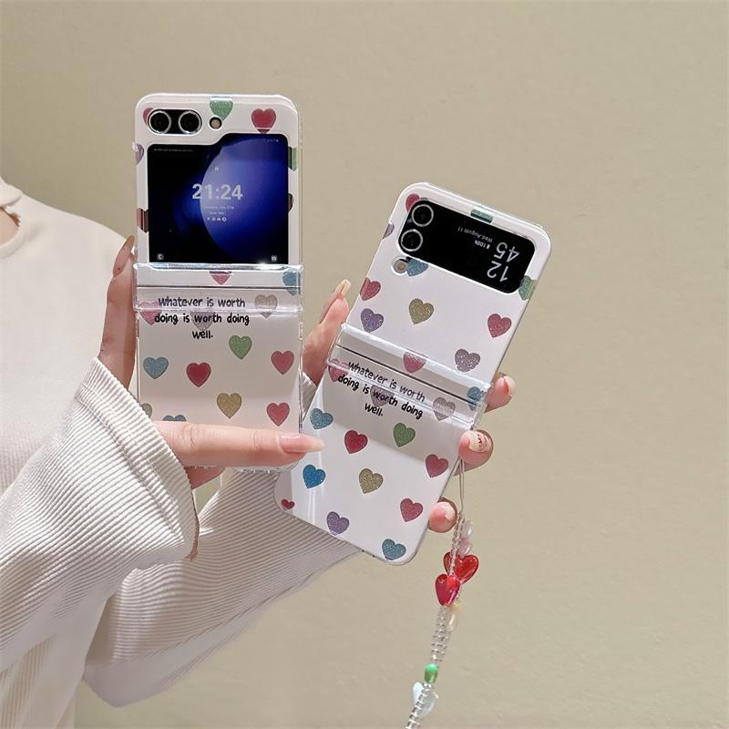For Samsung Galaxy Z Flip 3 4 5 Case Z Flip5 ZFlip 5 ZFlip5 Colorful Love Heart Glitter Cards Bracelet Shockproof Cover