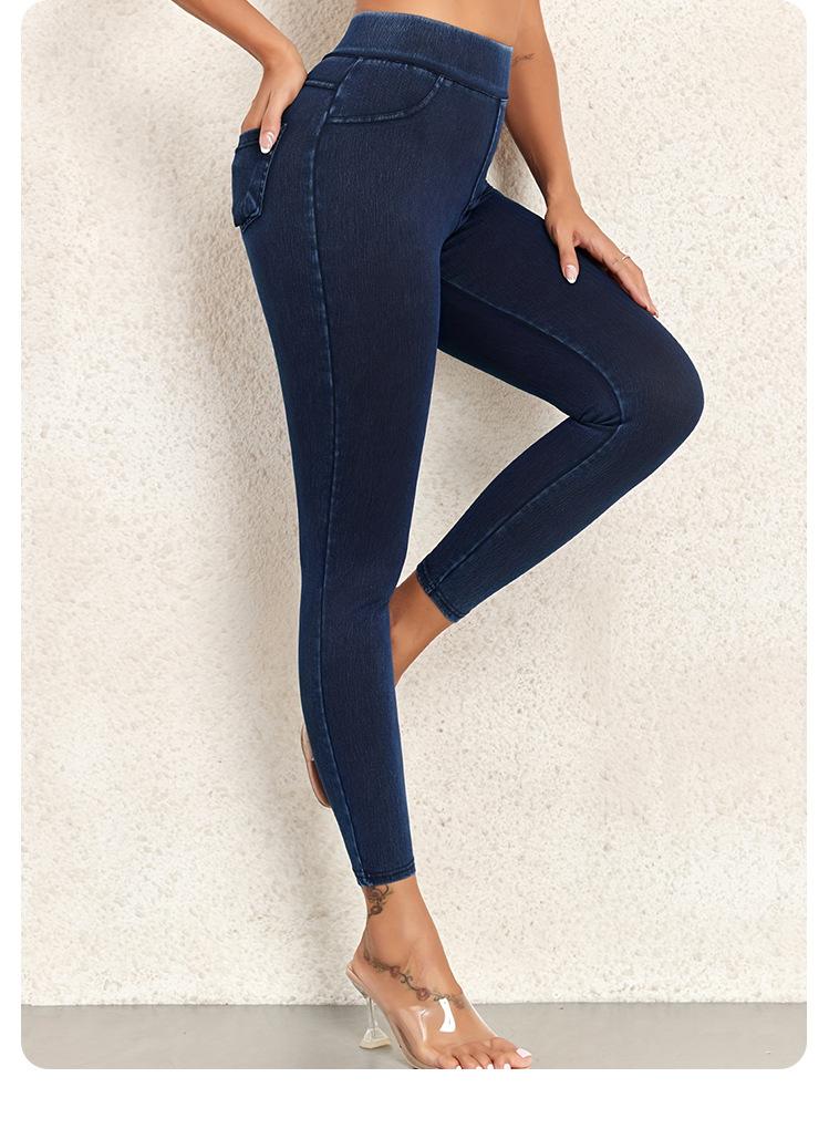 European and American imitation denim yoga fitness pants, thin hip lift elastic leggings, women's high waist belly Barbie pants pockets