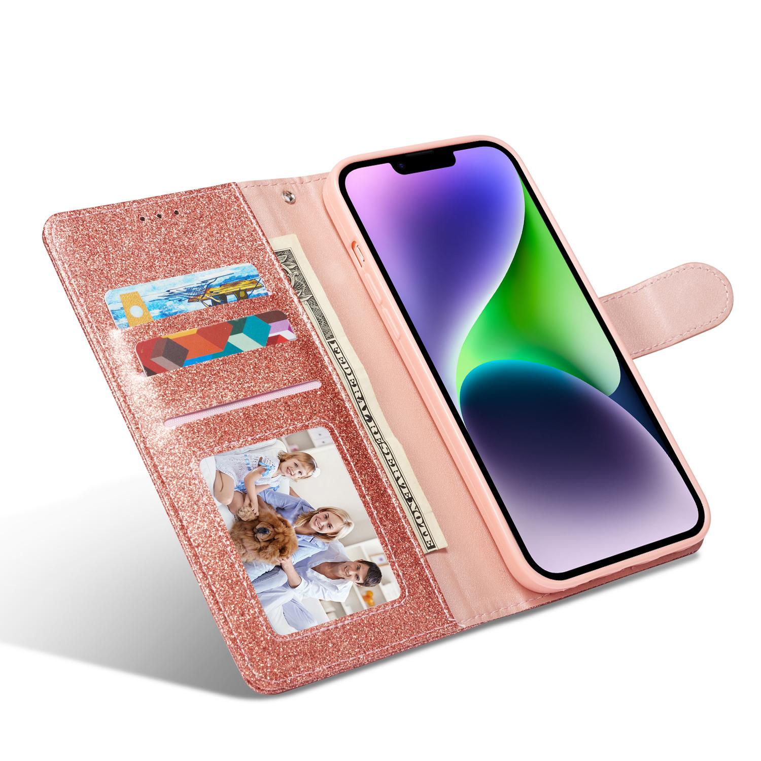 

For iPhone 14 Glitter Leather Case with Diamond Love Heart Wallet Stand Flip Cover Rose Gold