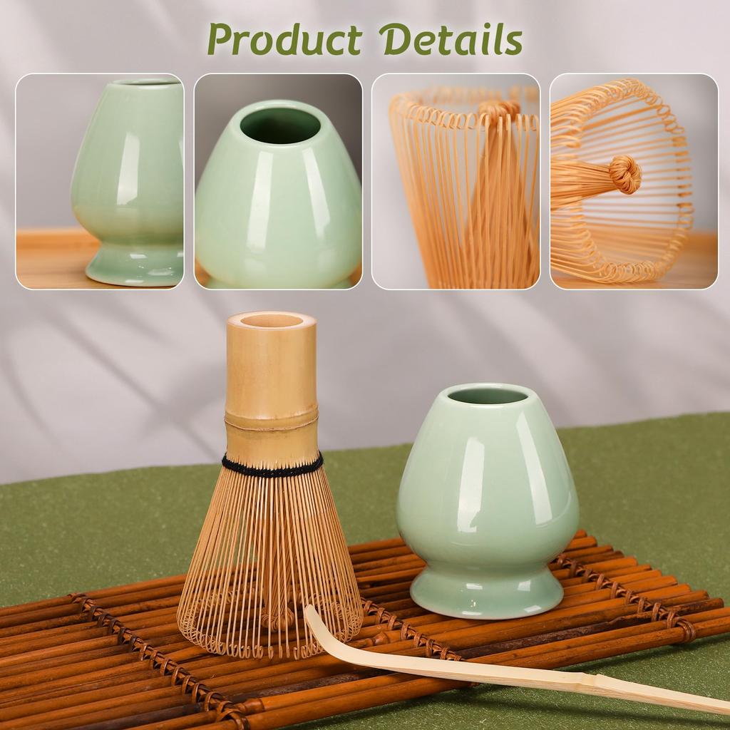 DiDiBirDi Matcha Tea Whisk Set, Bamboo Tea Whisk, Traditional Spoon, and Ceramic Tea Stand (Green)