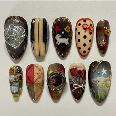 24PCS Fairytale Town False Nails Pastoral Lamb Rabbit Animal Patterns Fake Nails with Sweet Bow Press On Nails Wearable Manicure