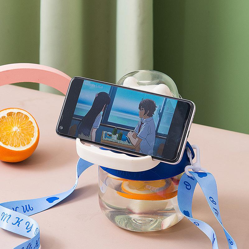 Girls Spacious Space Bear Big Belly Cup Plastic Cup Fitness Athletic Crossbody Water Cup with Straw Mobile Cell Phone Holder