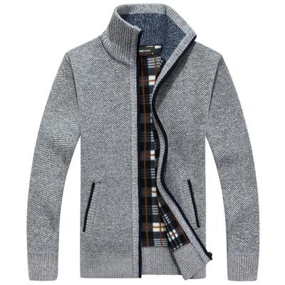 Men's Fleece-Lined Stand-Up Collar Cardigan: Thick, Solid Color, Plus Size Knit for Autumn/Winter.