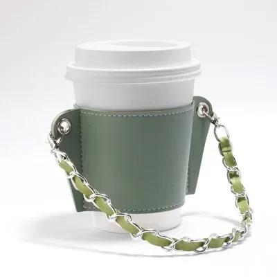 Coffee Cup Cover Chain Portable Pu Leather Drink Soda Bag Hanging Portable Heat Insulation and Ironing Cup-Cover