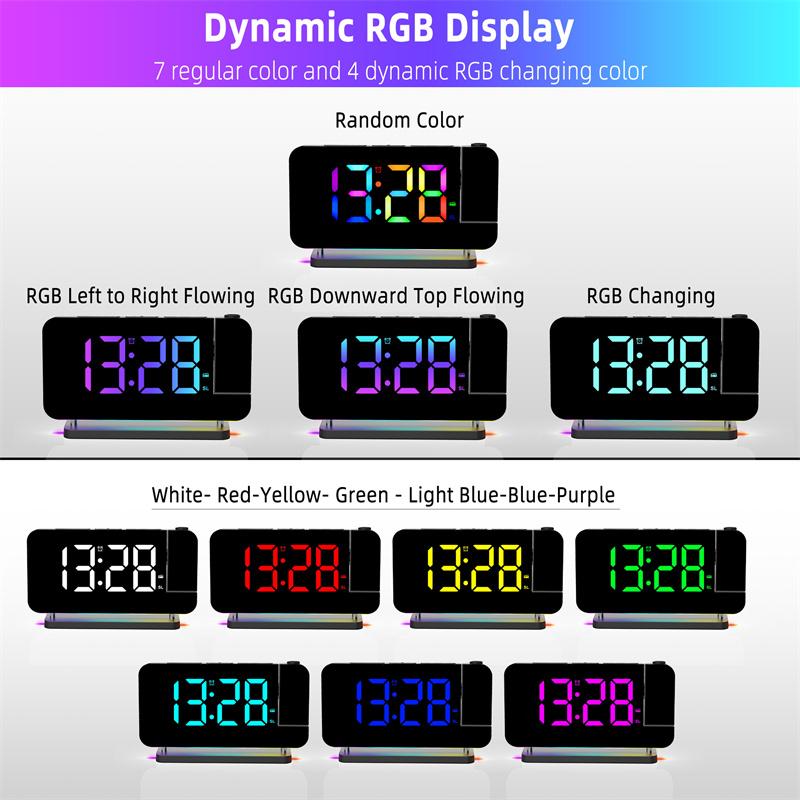FM Radio 180° Projection Alarm Clock RGB With RGB Night Light 6 Levels Brightness Dual USB Output Port 12H/24H Digital LED Clock