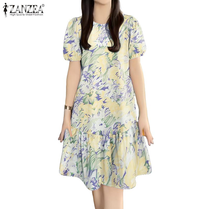 ZANZEA Dámské letní ležérní šaty s kulatým výstřihem a krátkým rukávem s květinovým vzorem