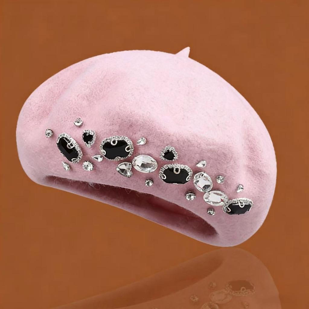 Autumn And Winter Artistic Solid Color Diamond Inlaid Fashionable Wool Beret Women's Outdoor Fashionable Versatile Painter Hats