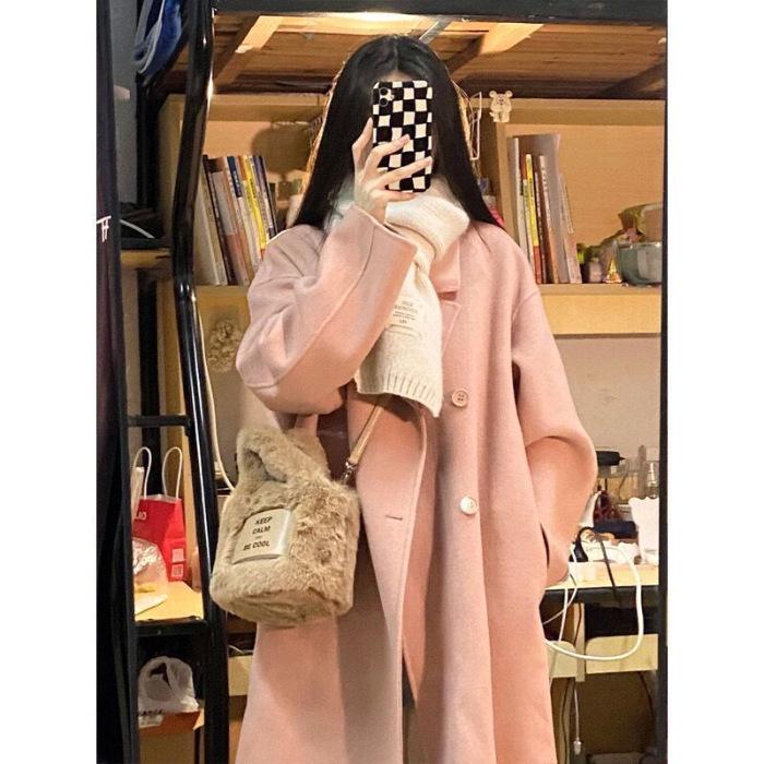 Women's Hepburn Style Korean Pink Wool Coat - Mid-Length, Autumn/Winter 2025 Collection, Petite Fit, High-End Feel