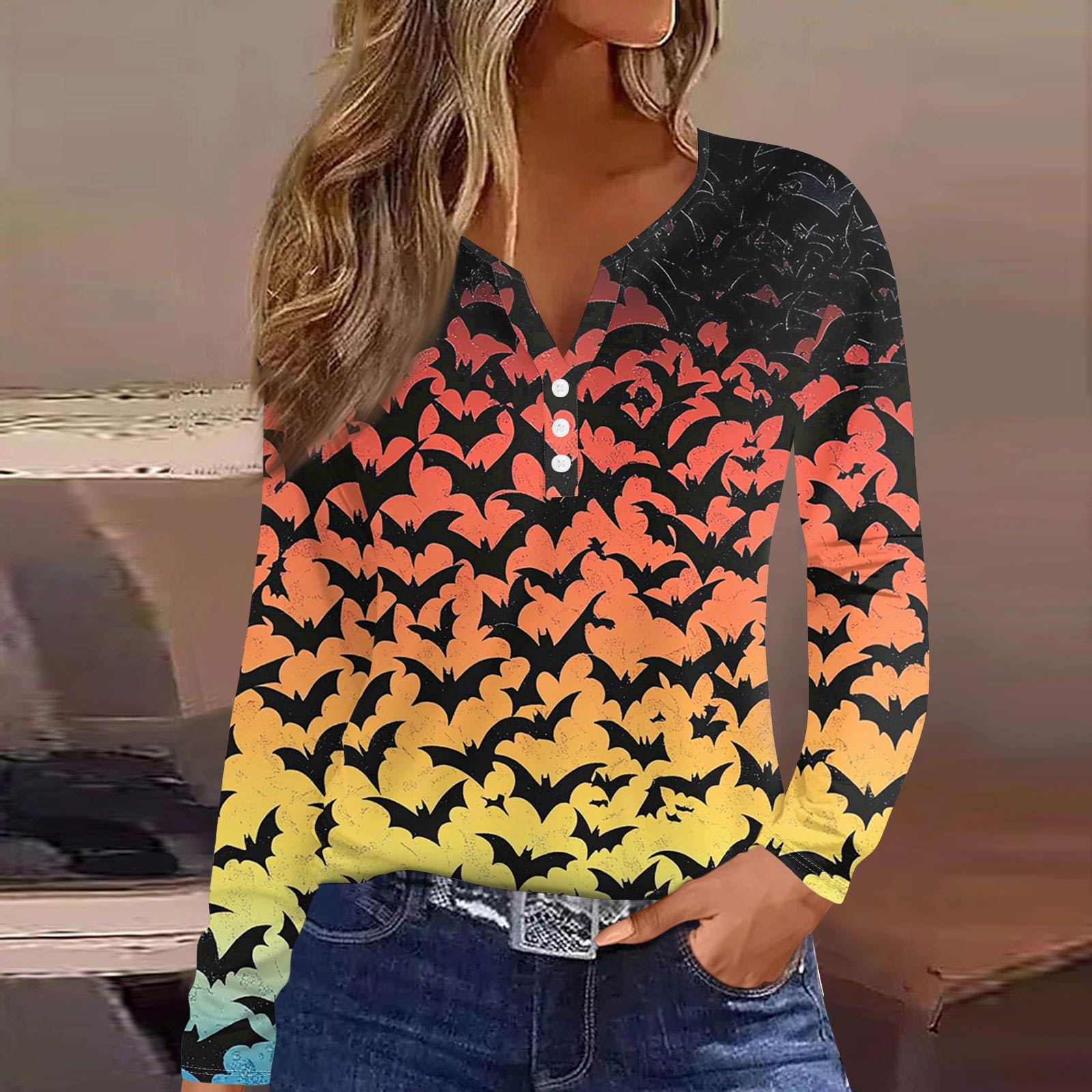 

Жен. Футболка Футболка на пуговицах с длинным рукавом Повседневные Выходные Мода Классический Топ с v-образным вырезом Обычный M жёлтый