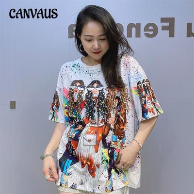 Camiseta de manga corta con cuello redondo y estampado colorido de talla grande para mujer, blusa informal holgada con cuentas y media manga de verano