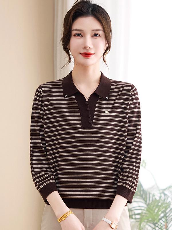 Mom's Stylish Spring Striped Lapel Knitwear for Middle-Aged & Elderly Women - Age-Reducing, Loose Fit T-shirt Top