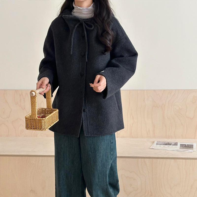 

Autumn and winter hooded double-sided wool coat women s Han Fan bow age-reducing medium and long loose M