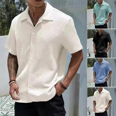 Men Business Shirt Men Solid Color Shirt Men's Summer Button-down Cardigan with Turn-down Collar Short Sleeves Loose