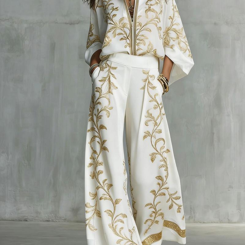 1116 New European and American Style Fashion Luxury Black Gold Baroque Print Nine-quarter Sleeve Wide-leg Pants Set Women's Two-piece Set