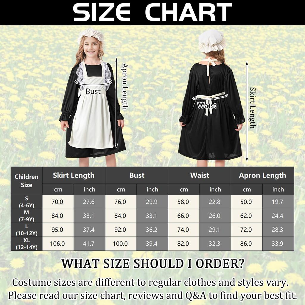 HarnyLoom Britisch-Stil Dienstmädchen Kostüm für Kinder, Halloween Cosplay, Langarmkleid für Mädchen, Niedliches Lolita Kostüm, Perfekt für Halloween-Partys,