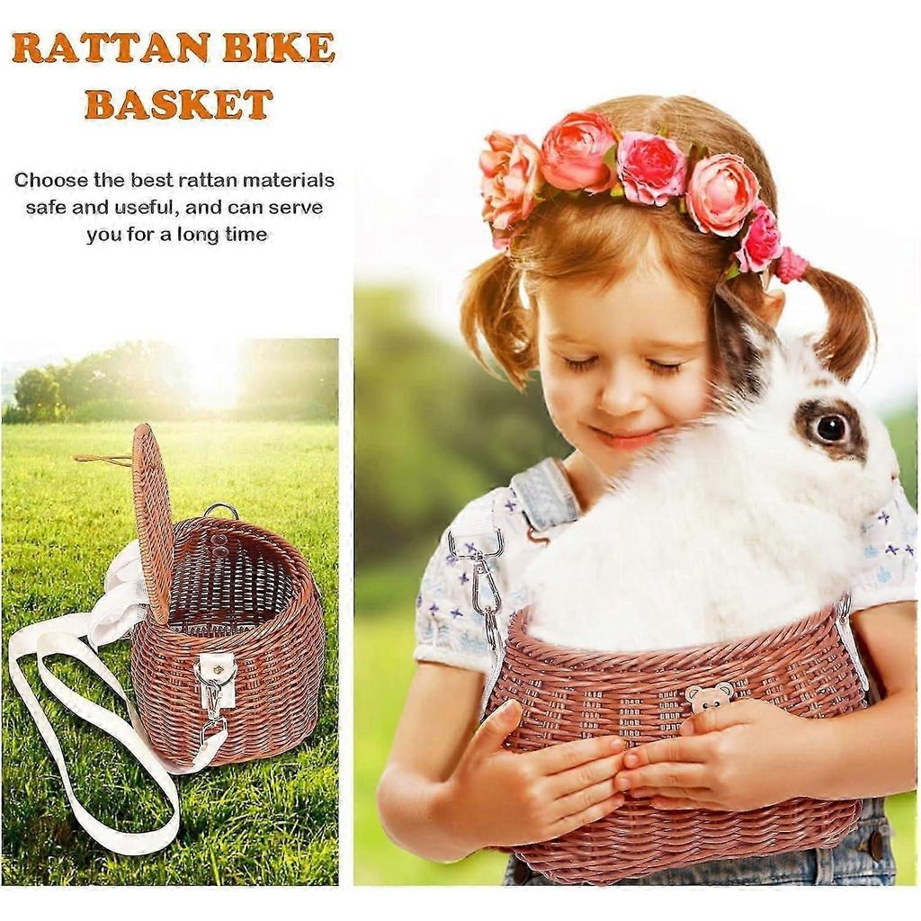Kids Bike Basket Set, Tricycle Basket, Handwoven Children Bike Basket with Lid & Shoulder Strap, Front Handlebar BasketBrown