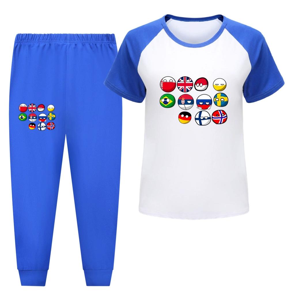 Polandball Dětský pyžamový set Kreslený potisk Countryball Dlouhý/Krátký rukáv Horní díl Dlouhé kalhoty Dětské oblečení na spaní 2 ks Domácí oblečení