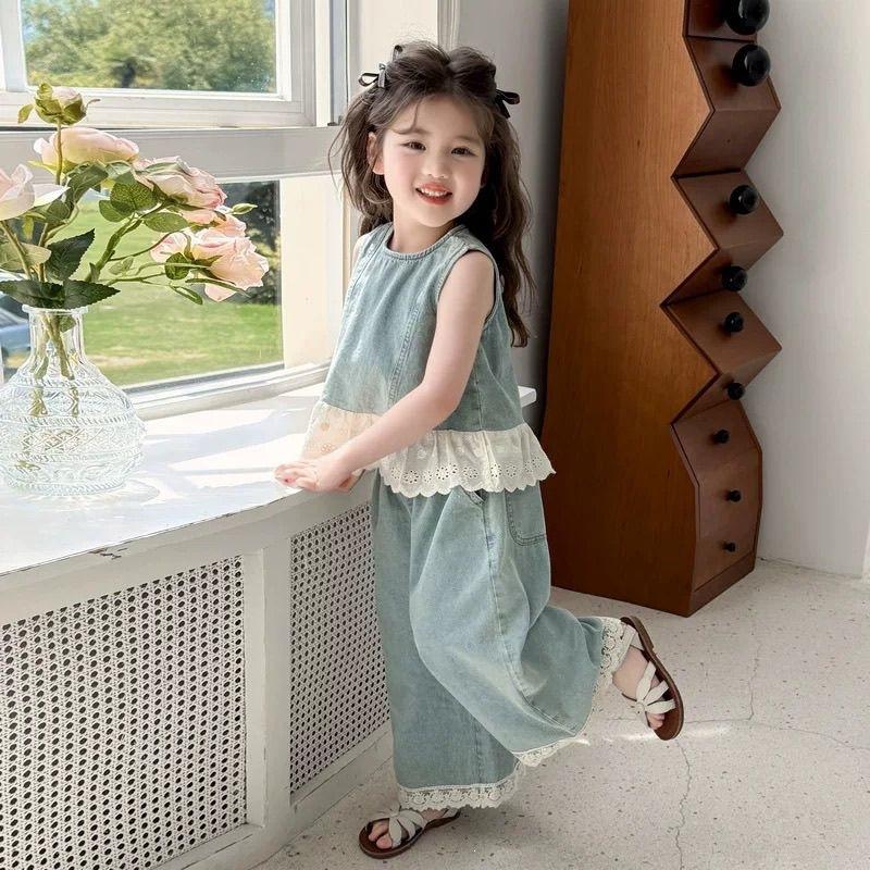 Girls Summer Denim 2 Piece Set Sleeveless Top With Stylish Wide Leg Pants Thin Baby Outfit