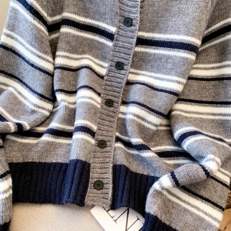 2026 Korean Mori-kei Academic Striped Knit Round Neck Cardigan