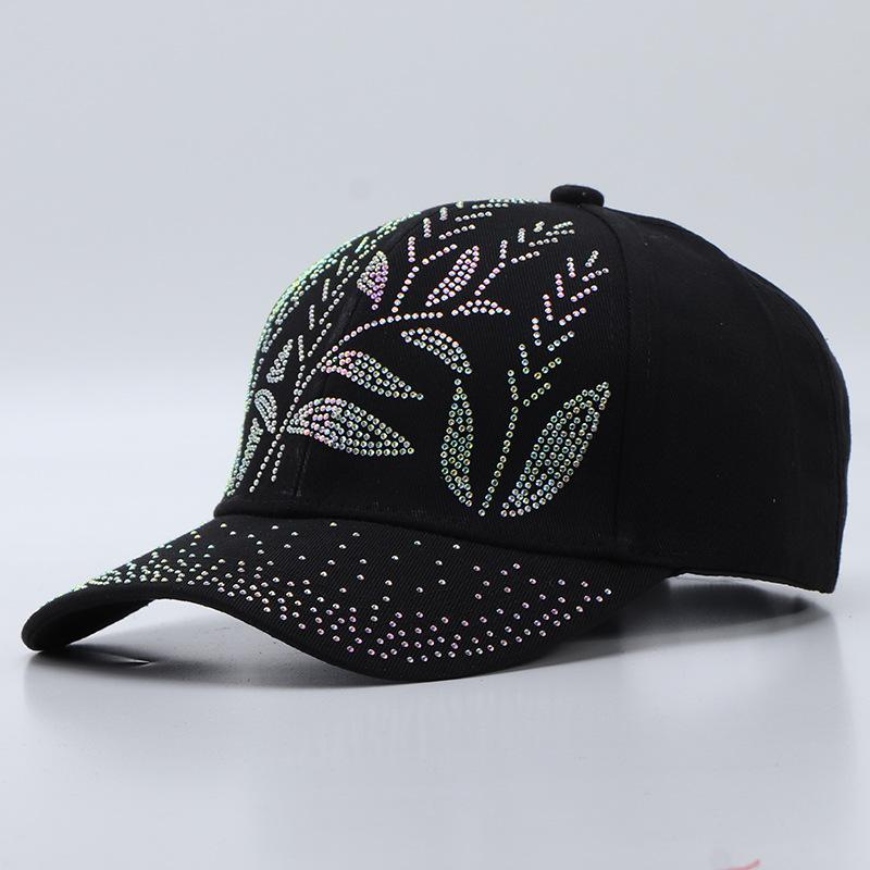 New women's diamond-encrusted baseball cap spring and summer cotton sunshade butterfly bamboo leaf rhinestone cap