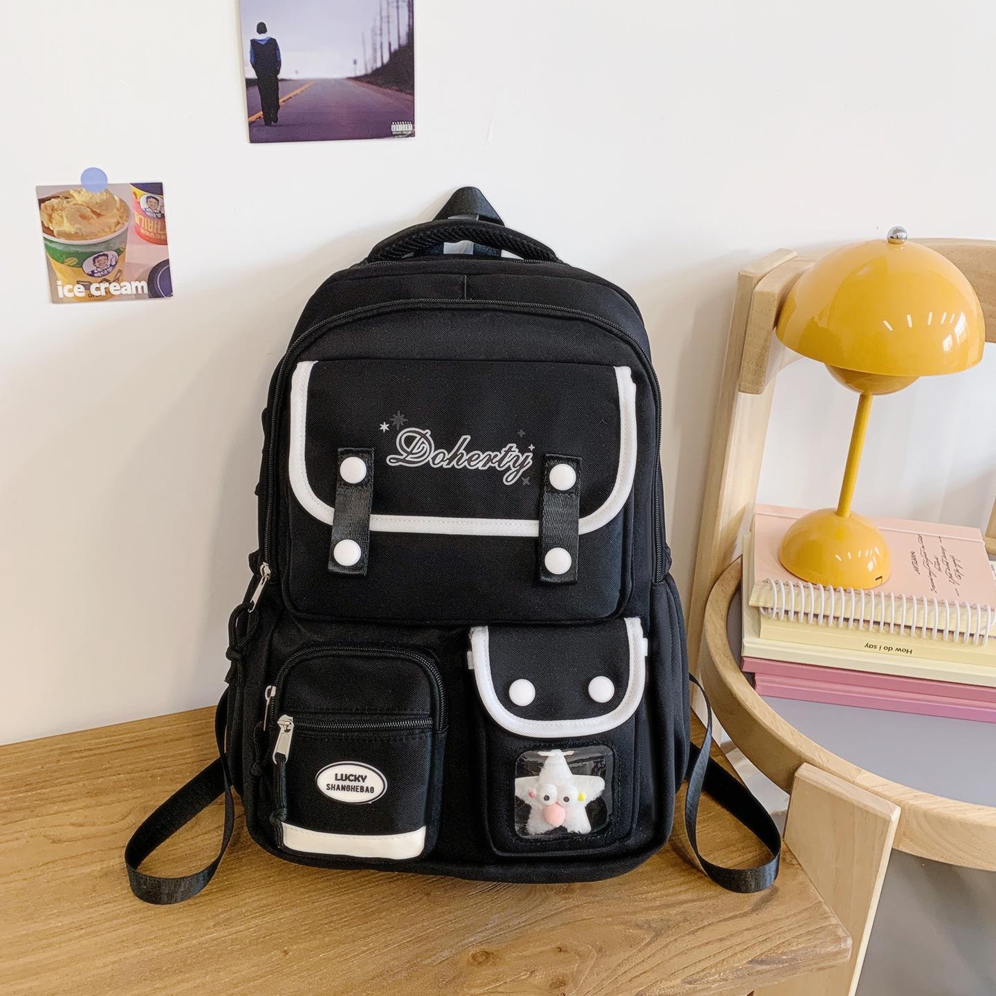 

School bag, junior high school girls, multi-pocket backpack, high school , large-capacity load reduction, ridge protection, cute versatile backpack чорний