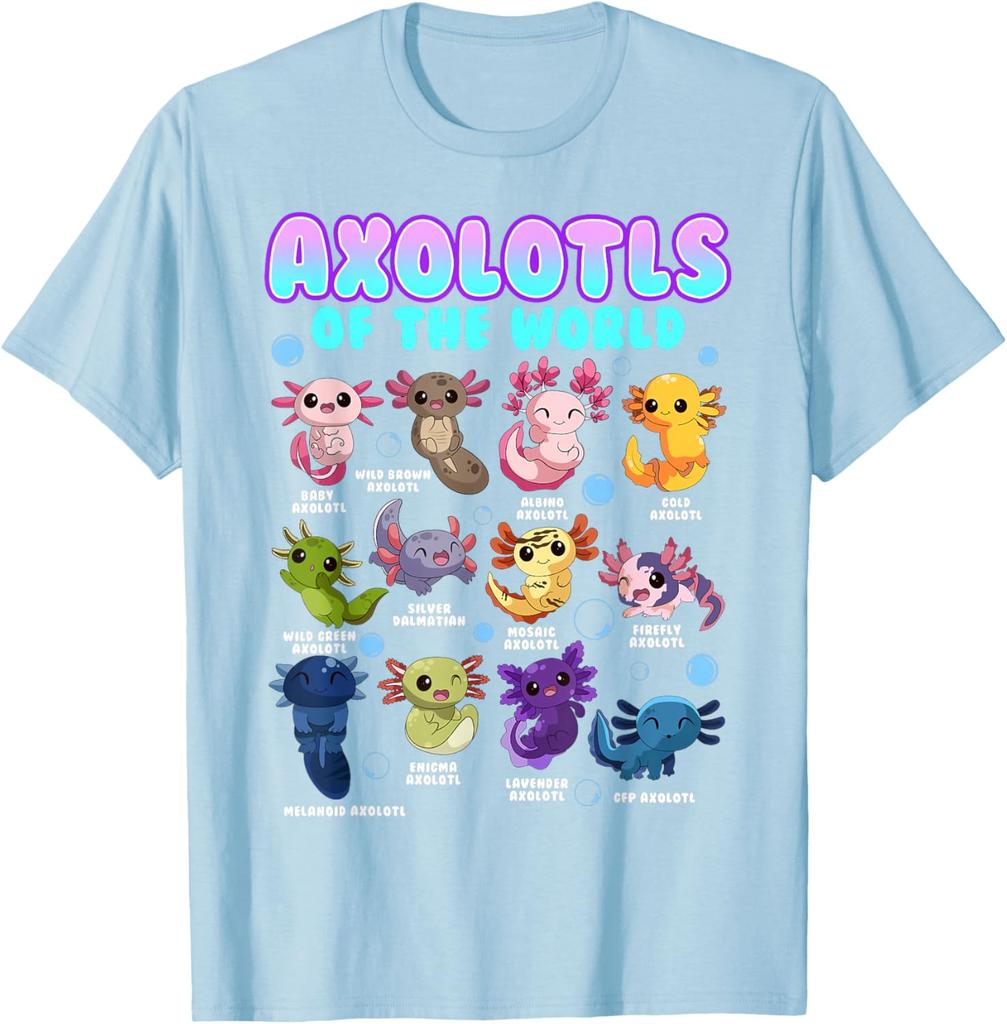 Axolotls Of The World Kawaii Salamander Graphic Tee Men Cotton Casual Short Sleeve T-Shirt Trip