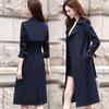 Autumn Winter Women Turn-down Collar Double Breasted Trench Office Lady Solid Long Trench with Belt