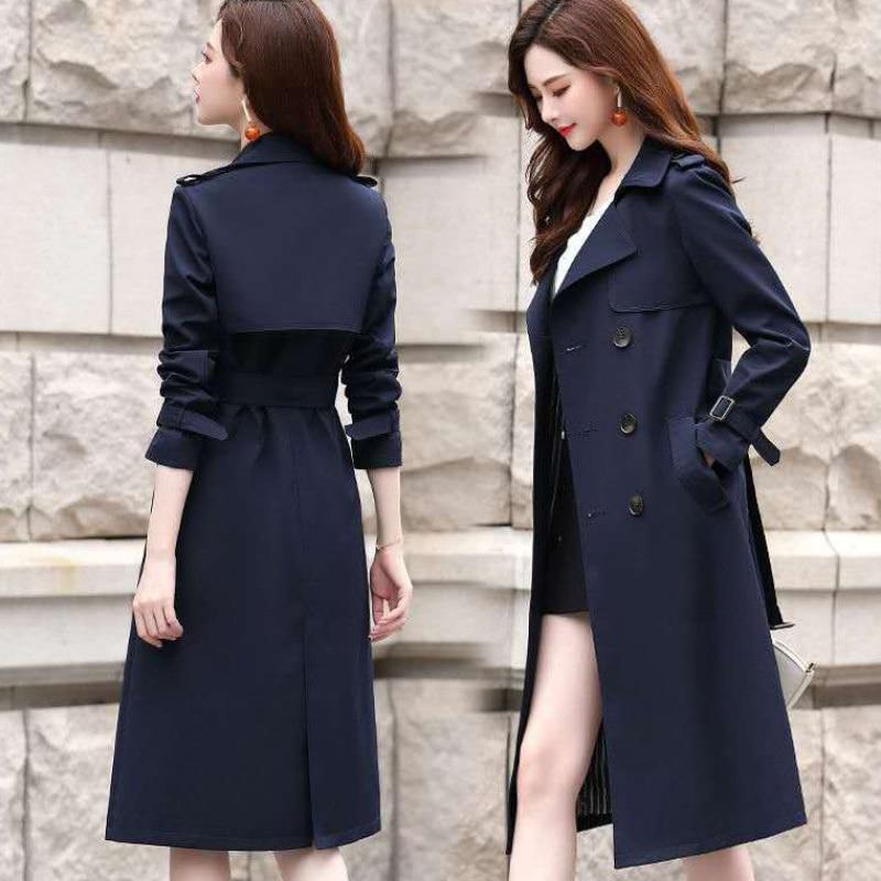 Autumn Winter Women Turn-down Collar Double Breasted Trench Office Lady Solid Long Trench with Belt
