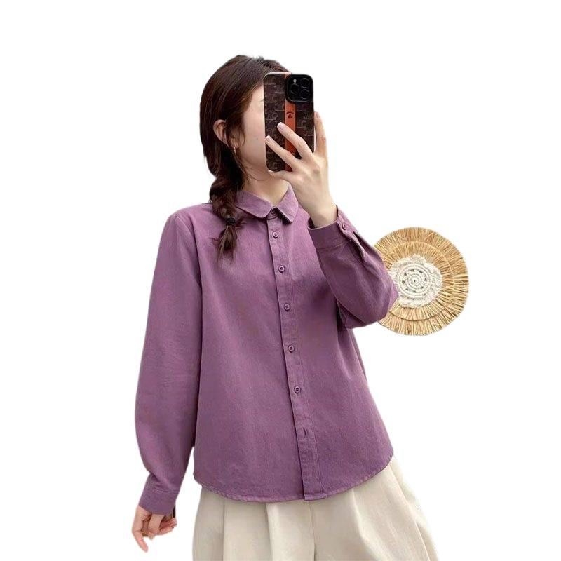This Autumn and Winter Pure Cotton Solid-color Shirt Is A Classic and Versatile French Layering Shirt for Women with A Doll Collar