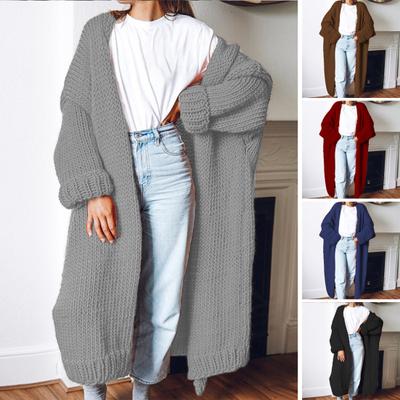 Sweater Cardigan Open Stitch Cold Resistant Warm Cardigan Style Pure Color Mid-calf Length Sweater Coat Daily Clothing