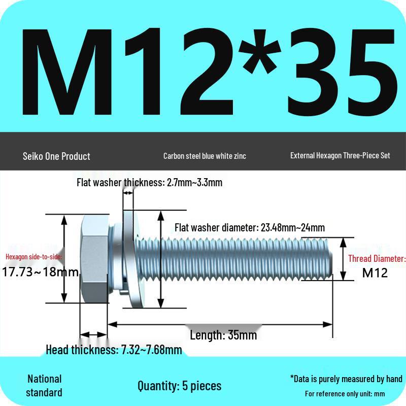 Grade 8.8 Galvanized Hex Bolt Set: Includes Hex Bolt, Spring Washer, Flat Washer (Sizes: M4, M5, M6, M8, M10, M12)