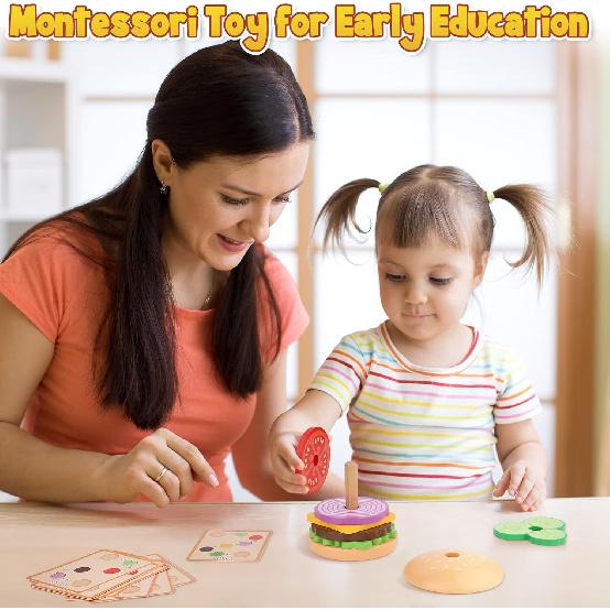 Aizweb Montessori Toys for 3 Year Old - Wooden Burger Stacking Toys for Toddlers and Kids Preschool, Educational Toys, Fine Motor Skill Toy, Blocks