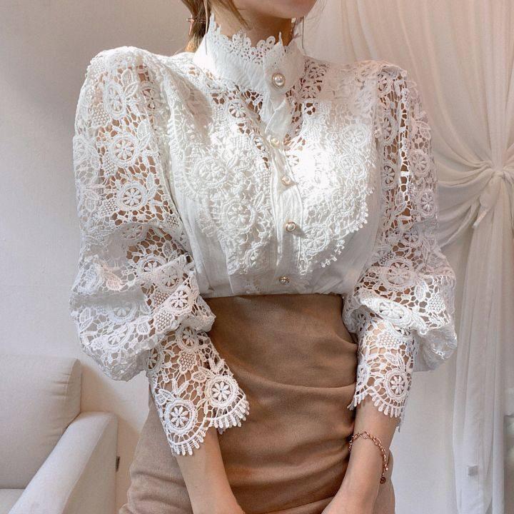 Women s Stand Collar Long Sleeve Shirt Regular Fit Floral Hollow Lace Patchwork French Elegant Pearl Button Blouse Top S белый