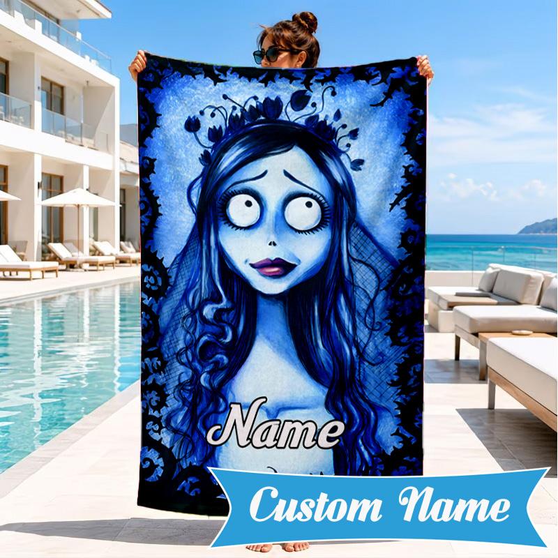 Custom Name Corpse Bride Art Heart In Space Adventure Microfiber Beach Towel, Lightweight for Summer Travel, Swimming Pool Fan Gift