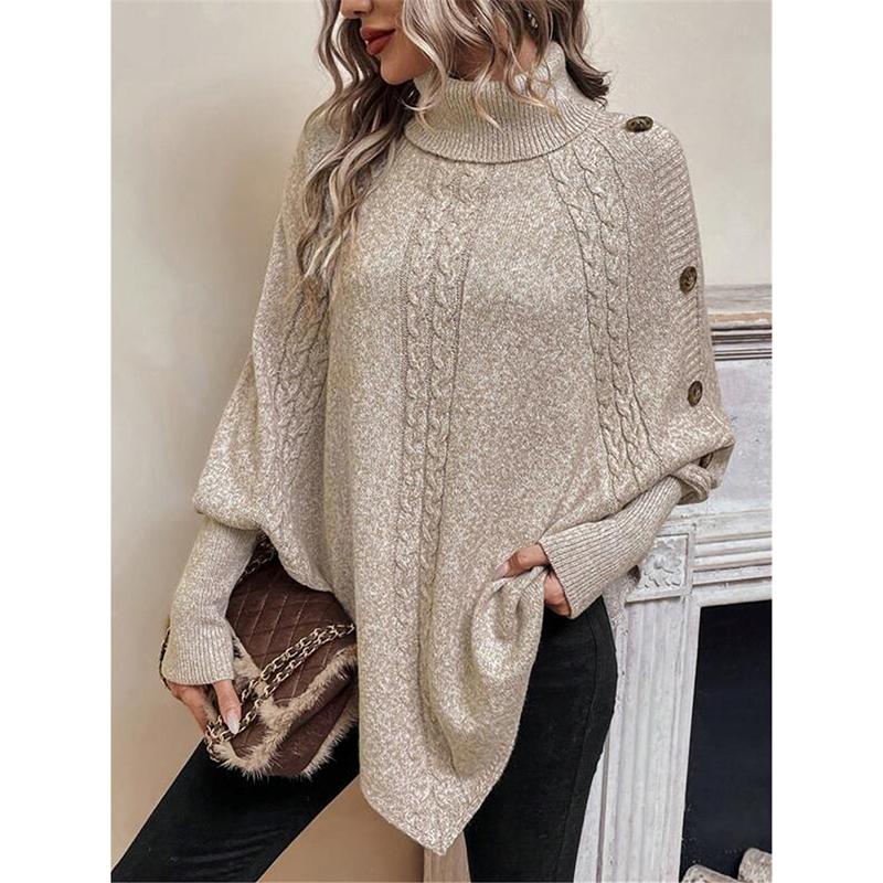 

Женский зимний свитер с высоким воротником, асимметричным подолом, украшением пуговицами, рукавами летучая мышь, текстурой плетения косичками. L дубильная кора