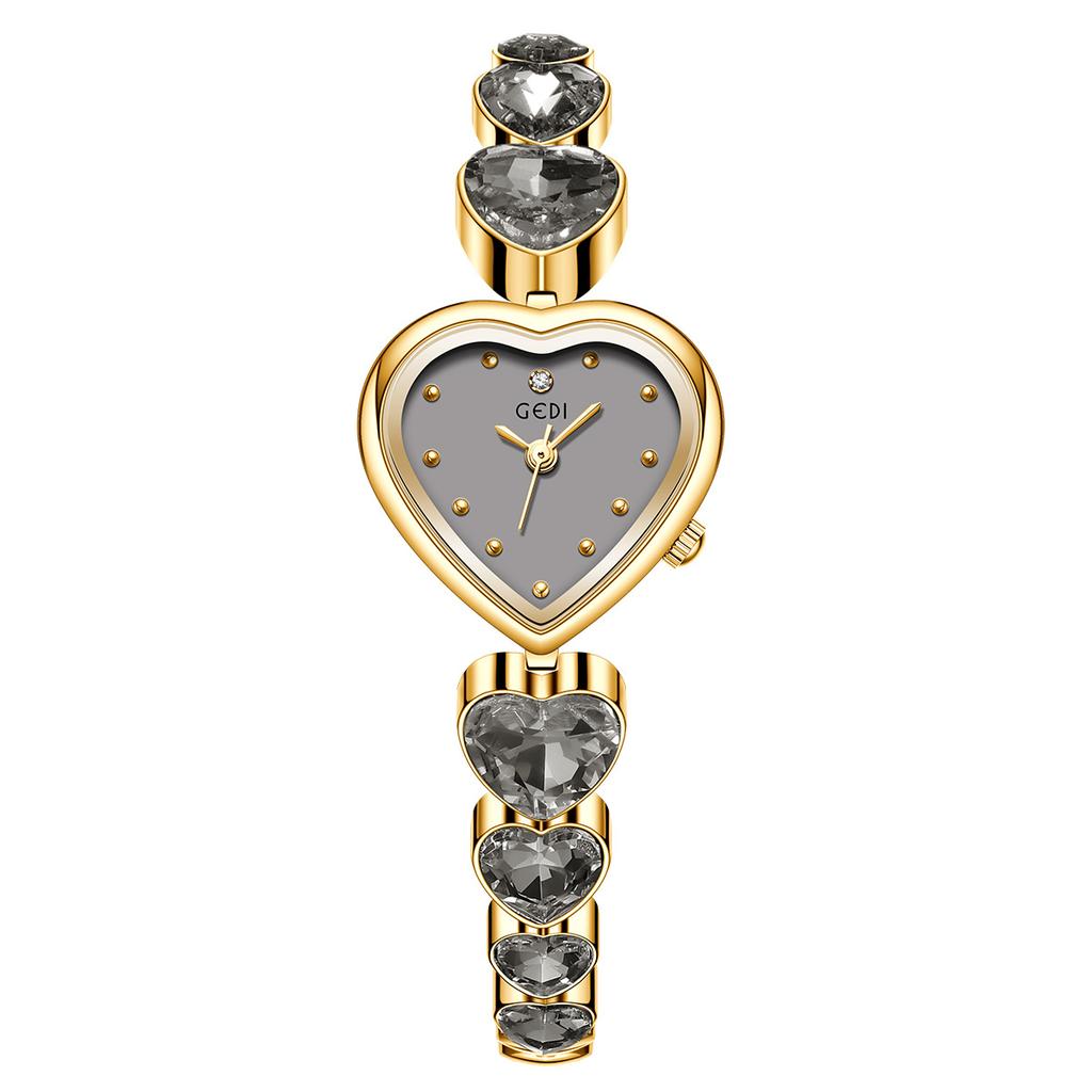 GEDI Women Quartz Wrist Watch Heart Shaped Dial Rhinestone Decor Metal Link Bracelet Waterproof Dress Watch