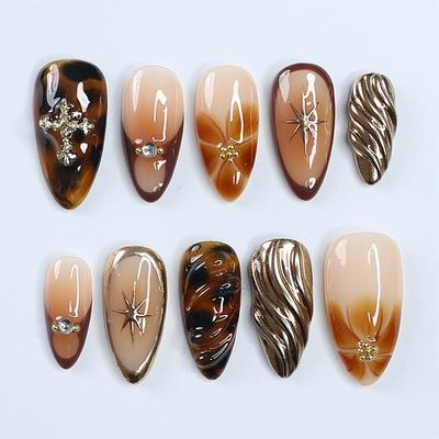 Medium Almond Press On Nails Glossy Fake Nails with Designs Reusable False Nails Press Ons Full Cover Acrylic Glue On Nails Stick On Nail for Women
