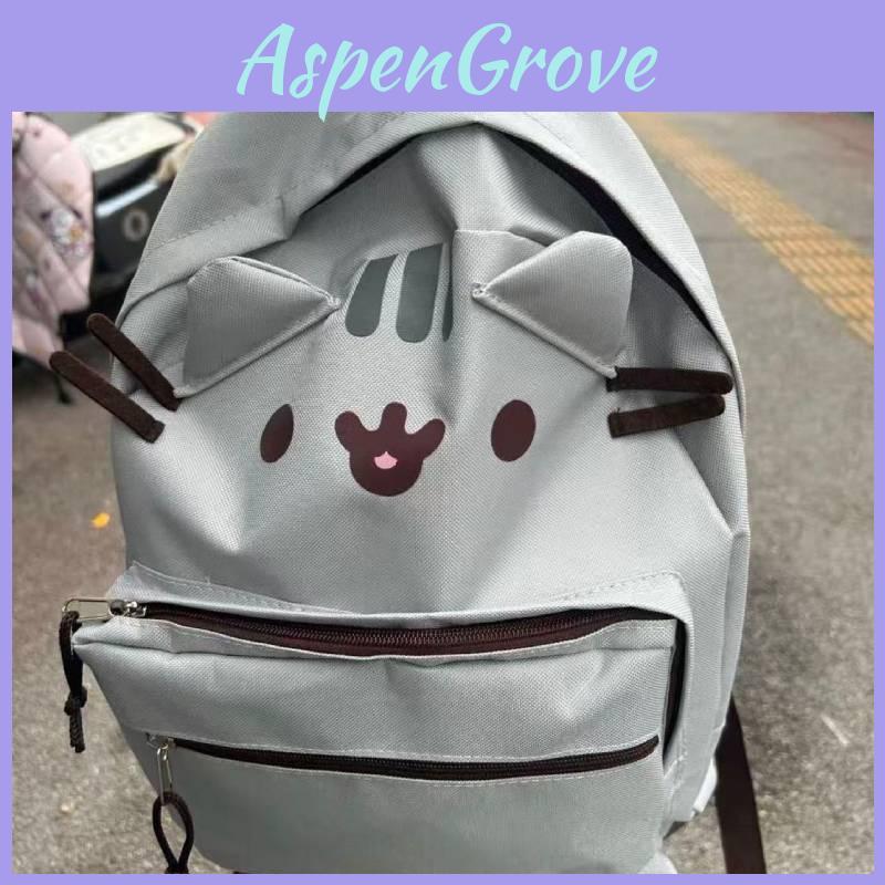 Cat Cartoon Nylon Backpack With Zipper Closure For School And Commuting