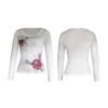 Women Vintage Shirt Fairy Grunge Long Sleeve Rose Print Crop Tops 90s V Neck Slim Fit T Shirt