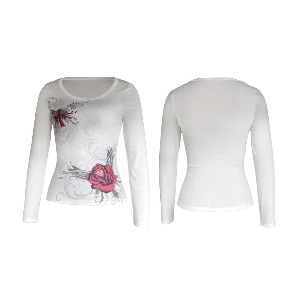 Women Vintage Shirt Fairy Grunge Long Sleeve Rose Print Crop Tops 90s V Neck Slim Fit T Shirt