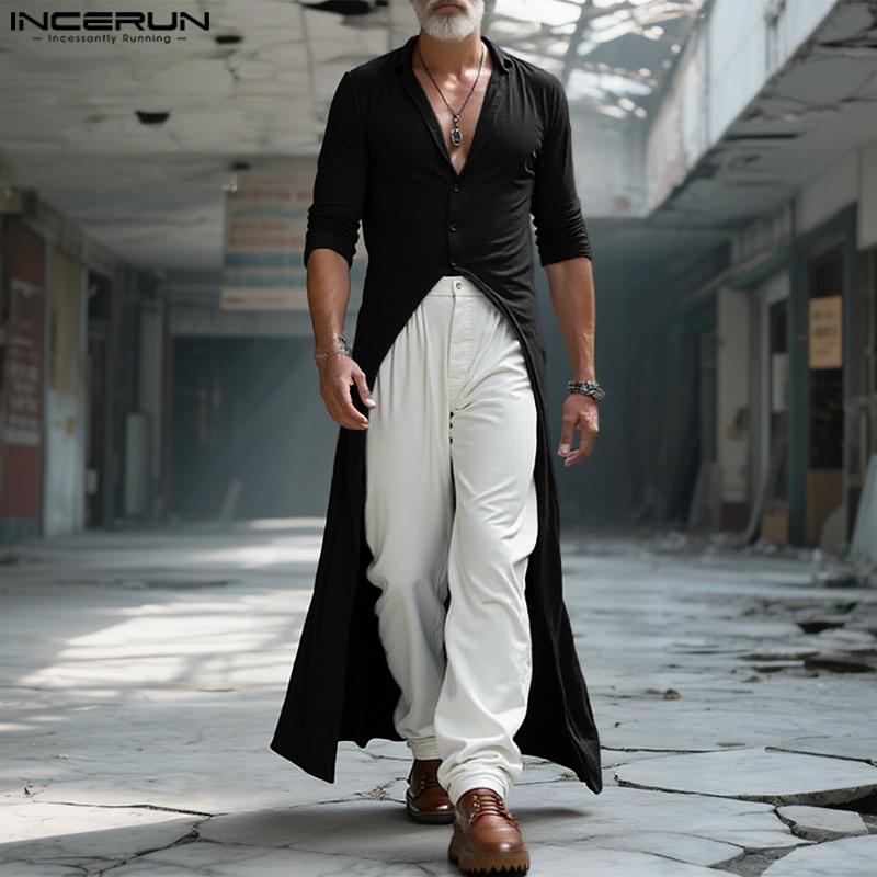 INCERUN Men Lapel Neck Long Sleeve High Splits Irregular Long Shirts Tops
