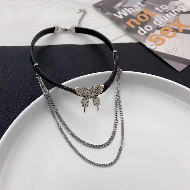 Butterfly Choker Fringed Leather Necklace Female Niche Double Clavicle Chain Babes Sweet Cool Yabi Wind Collar Necklace