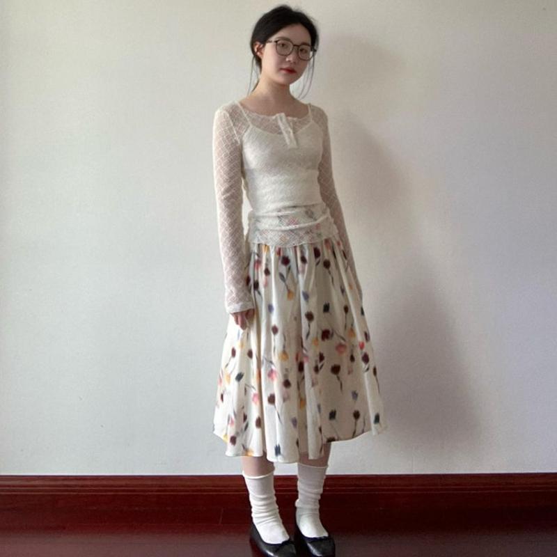 Soft Romantic Floral White Midi Skirt for Women - Summer Elastic Waist Sweet Casual High-Waist A-Line Skirt