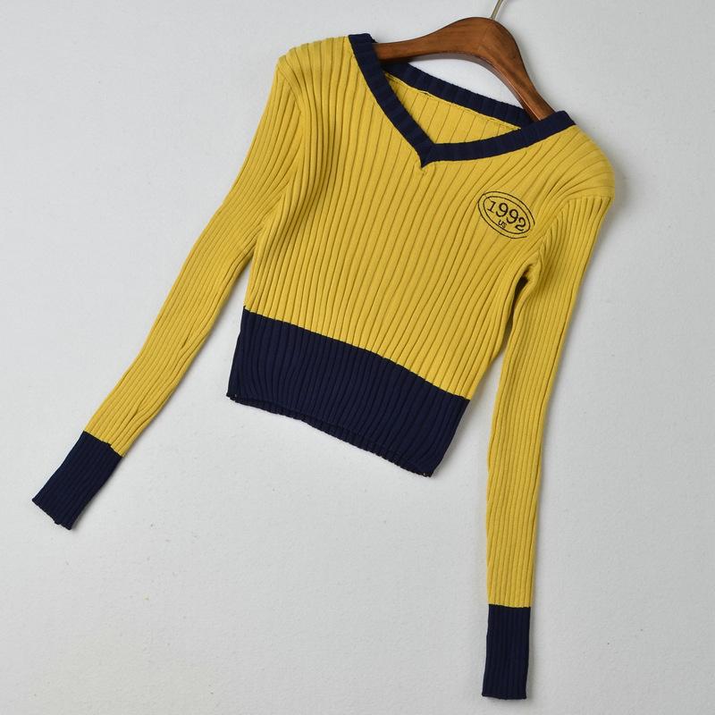 Women's V-neck Sweater Spring Autumn Long-sleeved Knitted Cropped Top Sweater Color-block Pullover Jumper