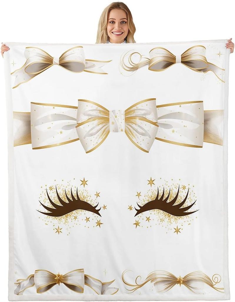 Blue Bow Pattern Blanket Soft Fleece Throw Elegant Home Decor Gift for Women Girls Bedroom Bedding Cover