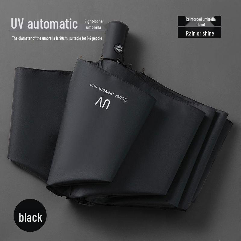 60-Bone Double-Rib Automatic Folding Umbrella: Black Sunshade & Rain Protection, Dual-Use for UV Sunscreen or Business Advertising.